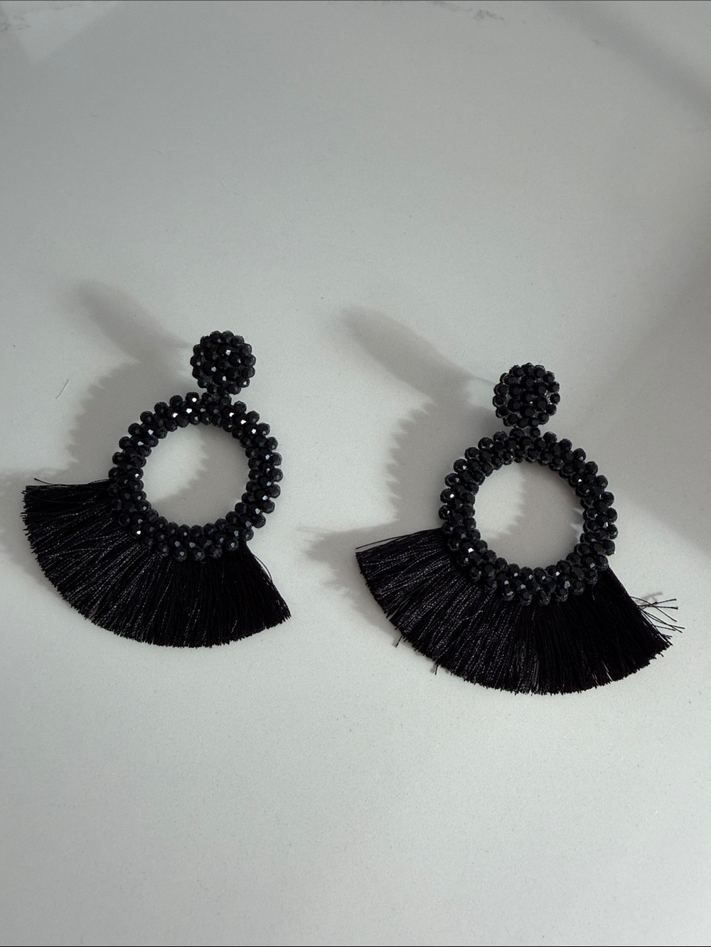 Black Beaded Fringe Statement Earrings